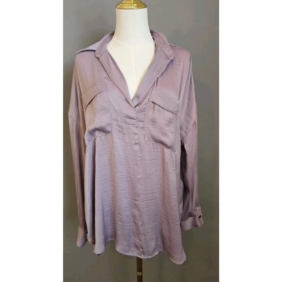 Free People Long Sleeve Lavender Purple Collared Pocket Oversized Blouse XS Boho - Picture 1 of 9